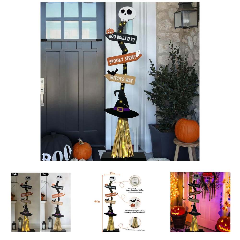 Lighted Halloween Witch Broom for Indoor Outdoor Decorations, Wooden, 44 Inch